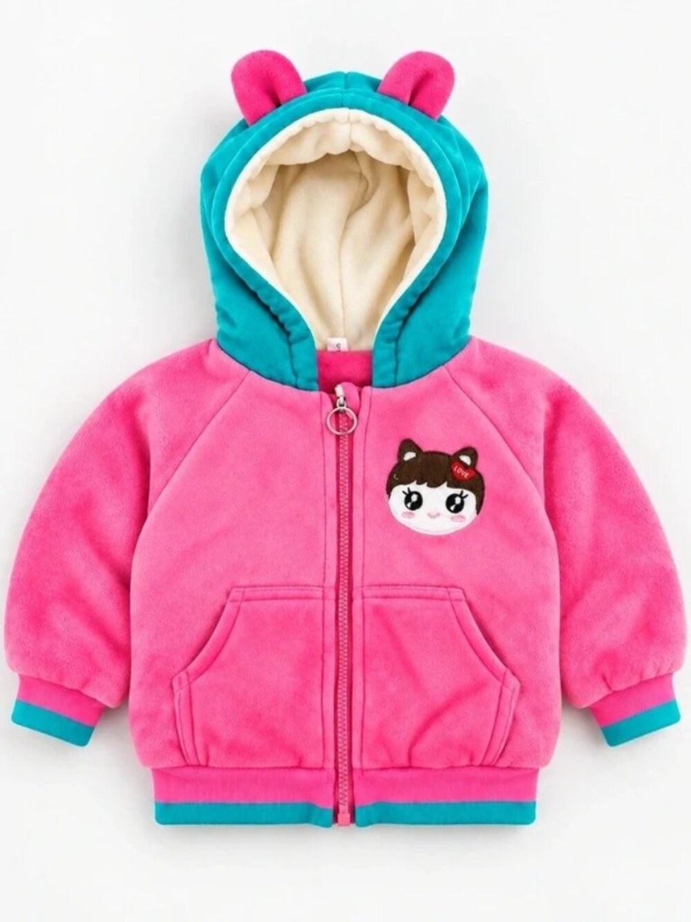 Girls Pink Teal Velour Hooded Jacket Cat Ears Kawaii Zip Up